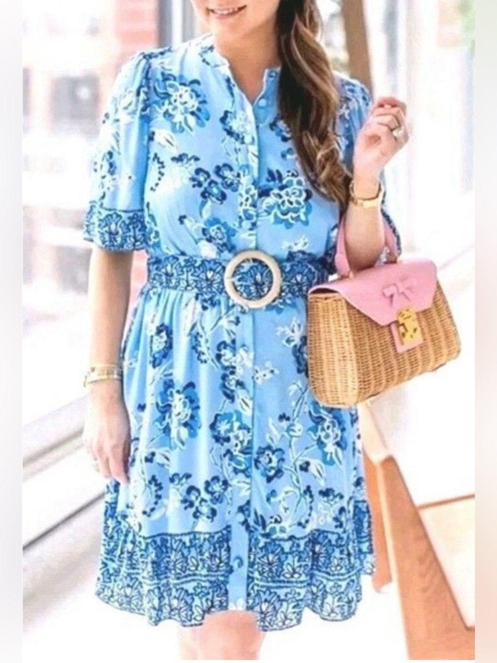 SAIL TO SABLE Blue Floral Button-Front Summer Dress with Belt